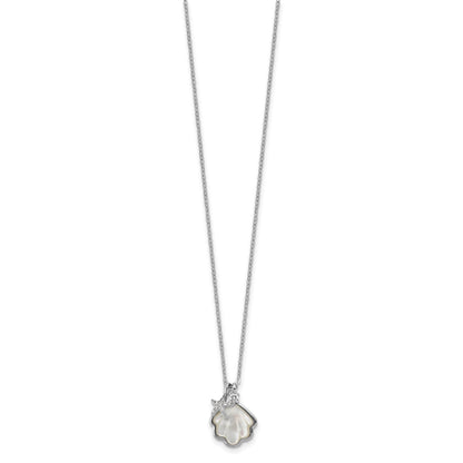 Sterling Silver Rhodium-plated Polished Mother of Pearl Shell and CZ Starfish 16 Inch with 2 Inch Extension Necklace