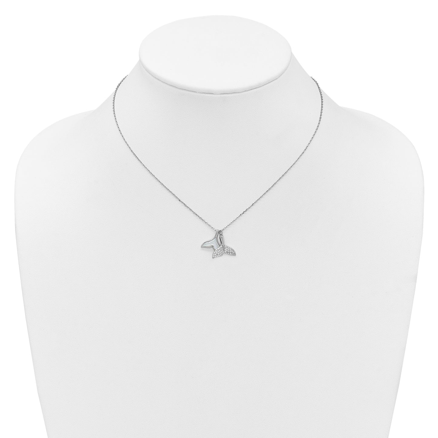 Sterling Silver Rhodium-plated Polished Mother of Pearl and CZ Whale Tails 16 Inch with 2 Inch Extension Necklace