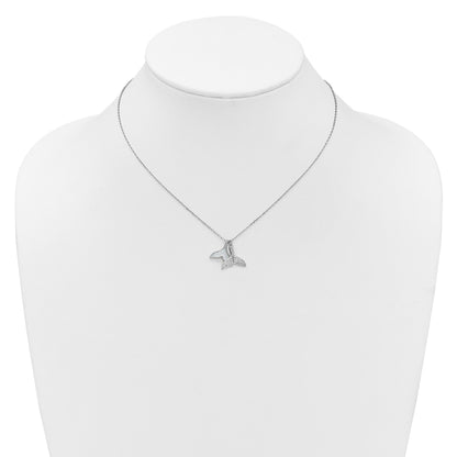 Sterling Silver Rhodium-plated Polished Mother of Pearl and CZ Whale Tails 16 Inch with 2 Inch Extension Necklace
