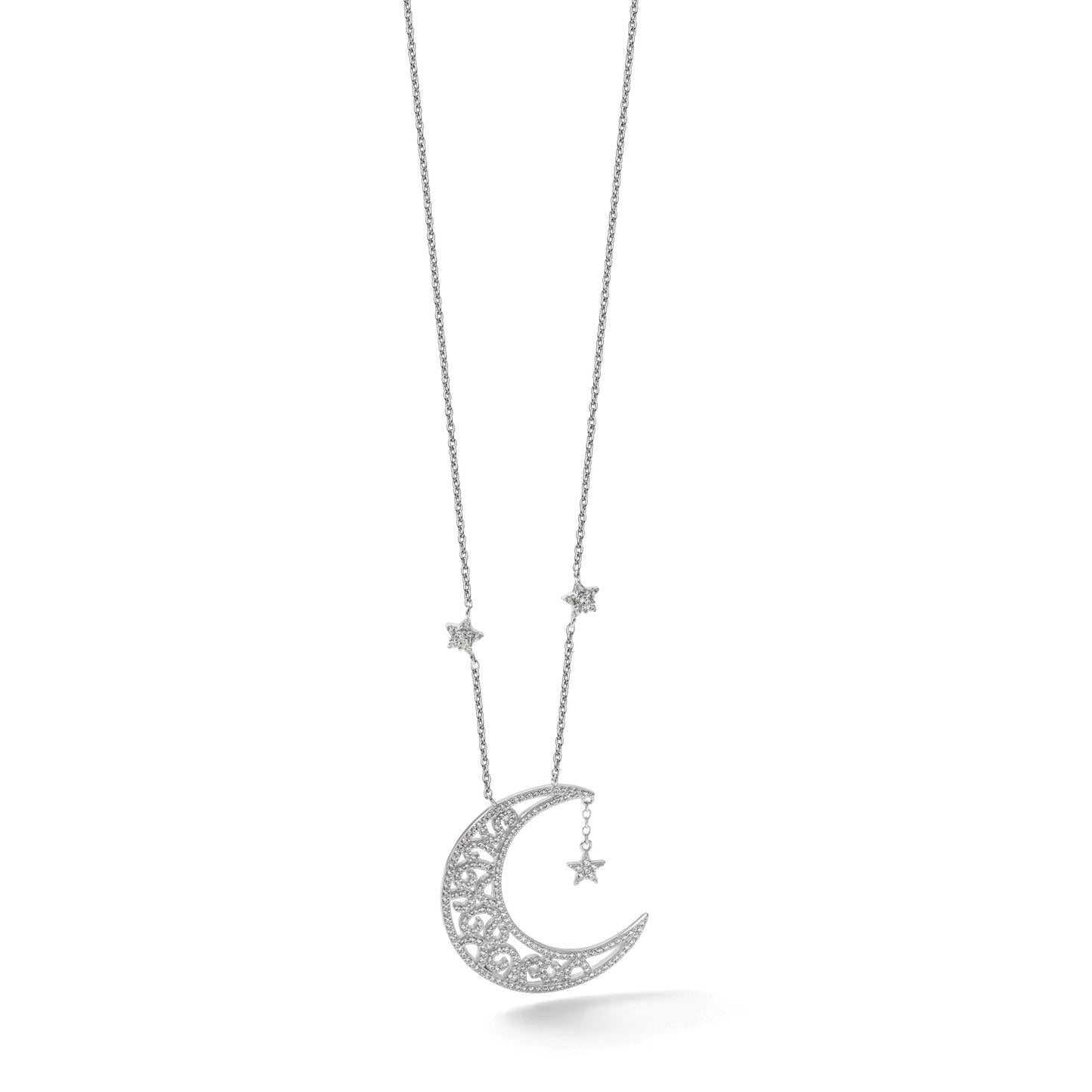 Sterling Silver Rhodium-plated Polished CZ Filigree Moon and Stars 18 Inch Necklace