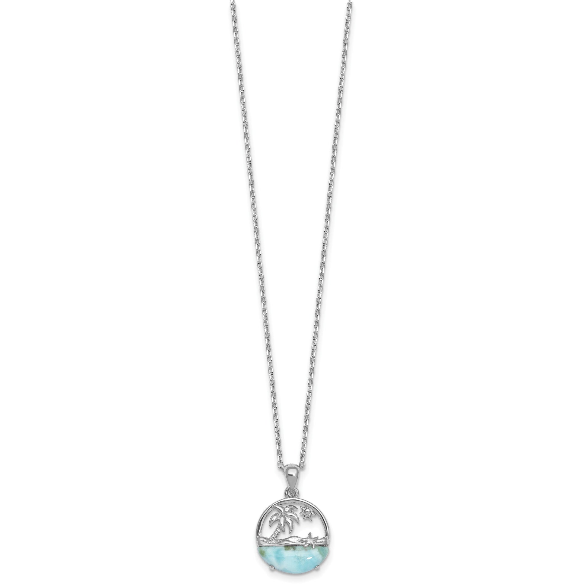 Sterling Silver Rhodium-plated Polished Larimar Beach Scene 16 Inch with 1.75 Inch Extension Necklace