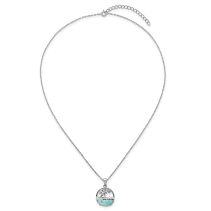 Sterling Silver Rhodium-plated Polished Larimar Beach Scene 16 Inch with 1.75 Inch Extension Necklace