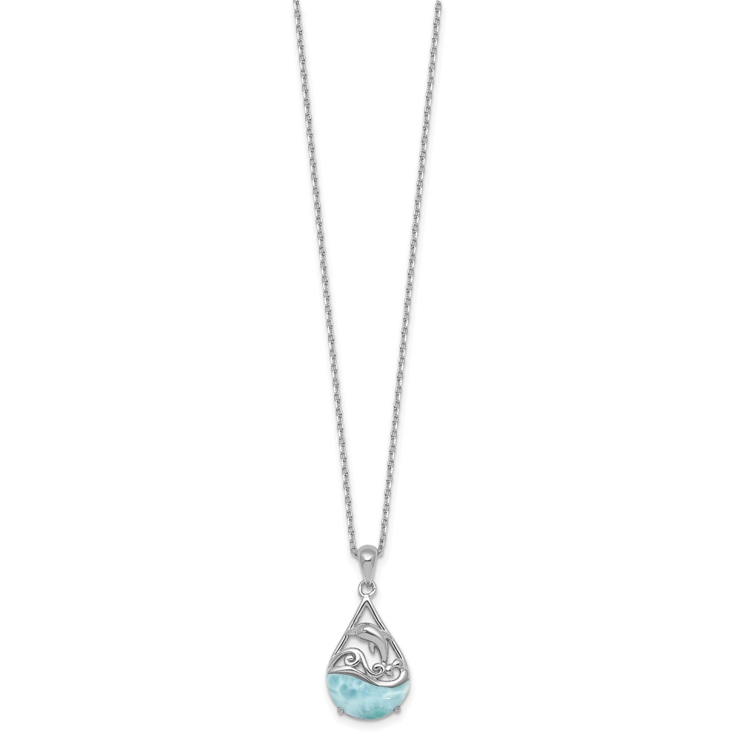 Sterling Silver Rhodium-plated Polished Larimar Dolphin Teardrop 16 Inch with 2 Inch Extension Necklace