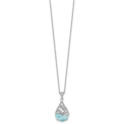 Sterling Silver Rhodium-plated Polished Larimar Dolphin Teardrop 16 Inch with 2 Inch Extension Necklace