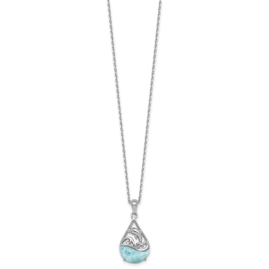 Sterling Silver Rhodium-plated Polished Larimar Dolphin Teardrop 16 Inch with 2 Inch Extension Necklace