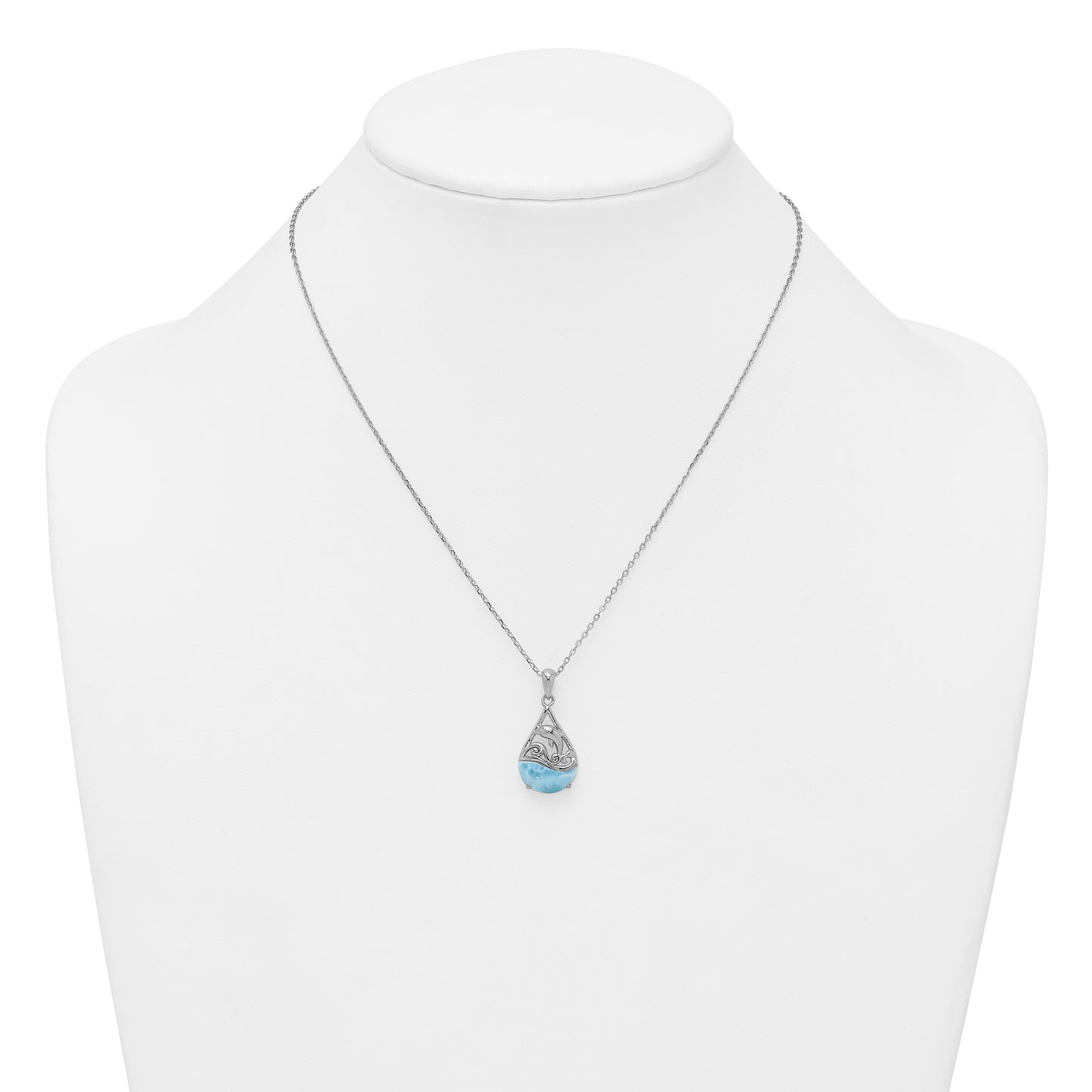 Sterling Silver Rhodium-plated Polished Larimar Dolphin Teardrop 16 Inch with 2 Inch Extension Necklace