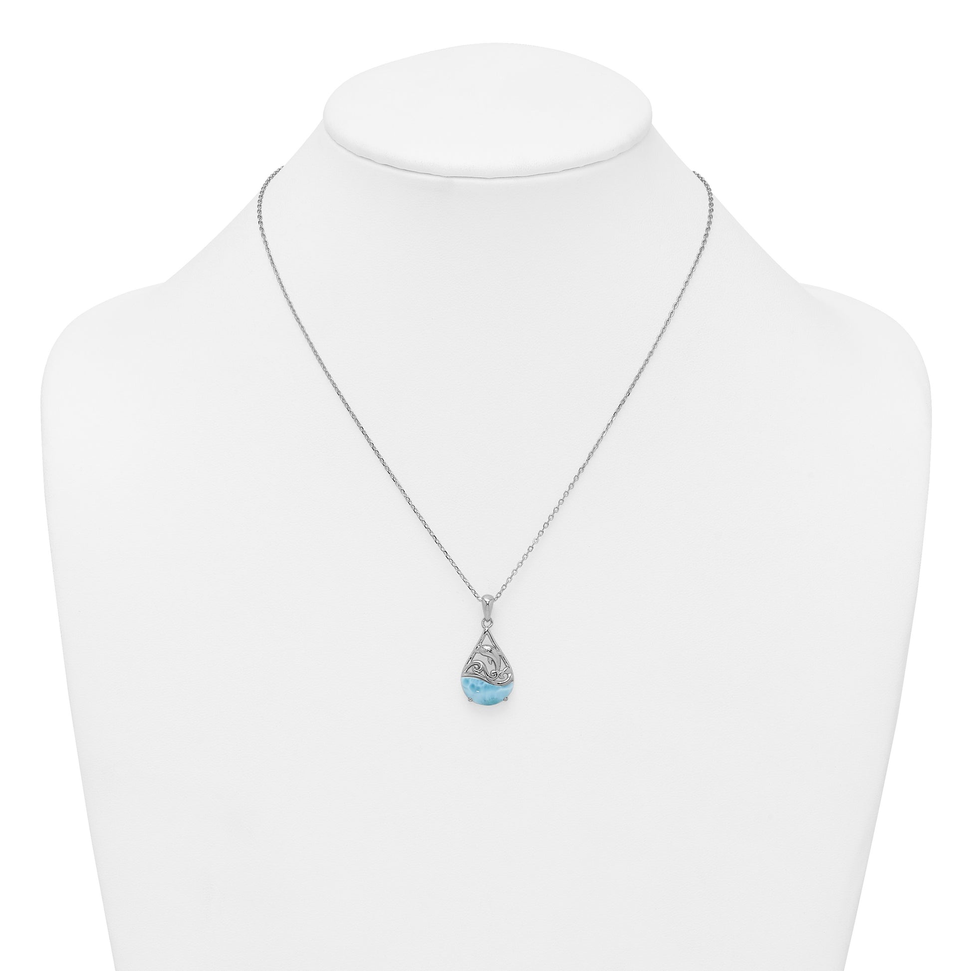 Sterling Silver Rhodium-plated Polished Larimar Dolphin Teardrop 16 Inch with 2 Inch Extension Necklace