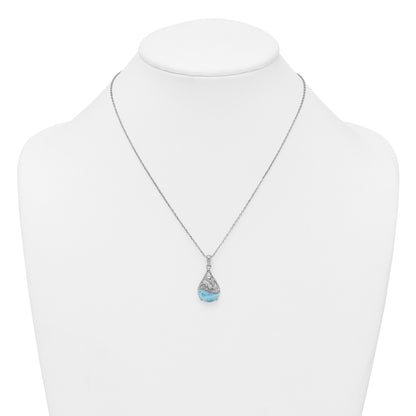 Sterling Silver Rhodium-plated Polished Larimar Dolphin Teardrop 16 Inch with 2 Inch Extension Necklace