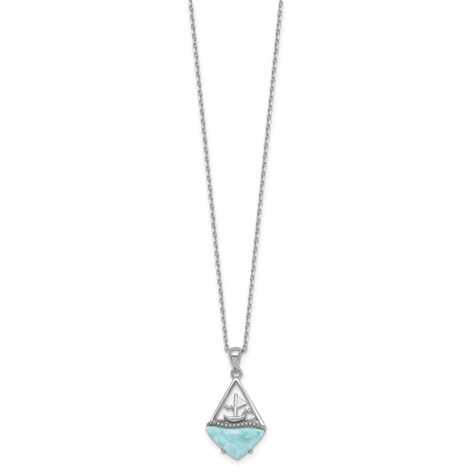 Sterling Silver Rhodium-plated Polished and Beaded Larimar Sailboat 16 Inch with 2 Inch Extension Necklace