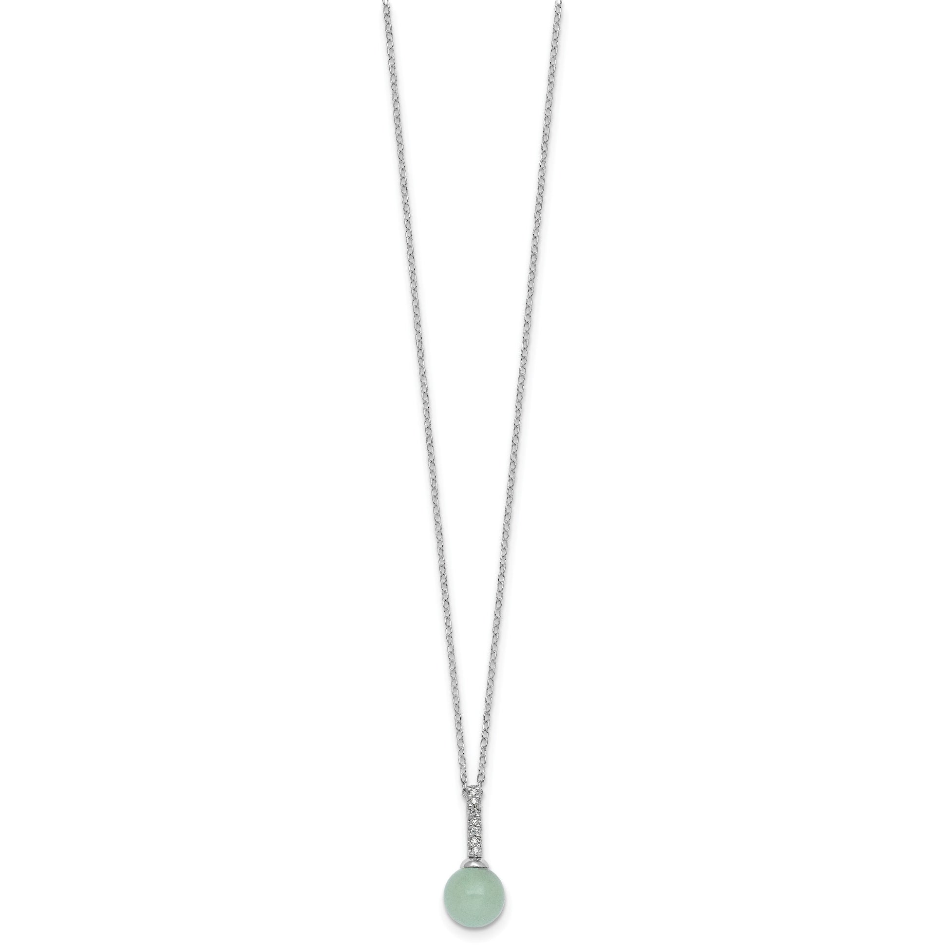 Sterling Silver Rhodium-plated Aventurine and CZ 16 inch with 2 inch Extender Necklace