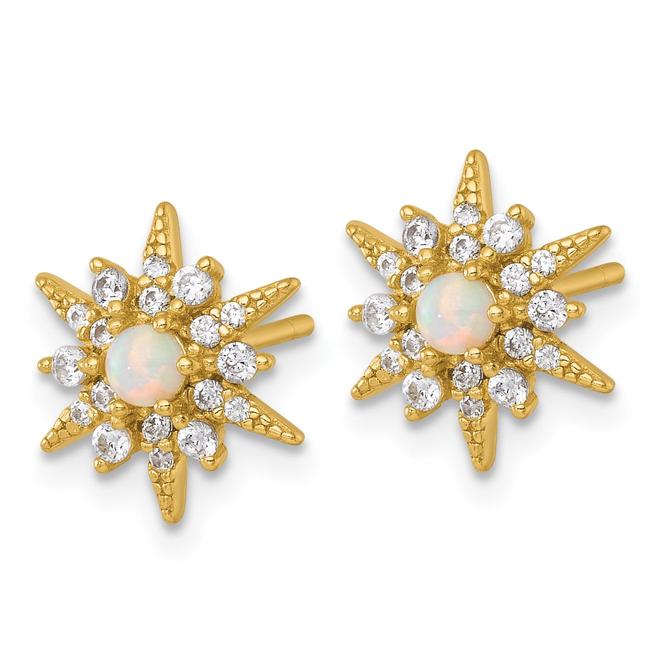 Sterling Silver Gold-plated Polished Lab Created Opal and CZ Starburst Post Earrings