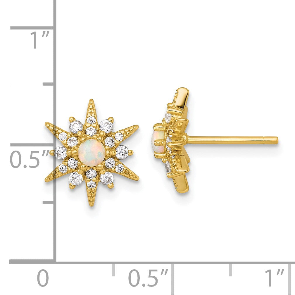 Sterling Silver Gold-plated Polished Lab Created Opal and CZ Starburst Post Earrings