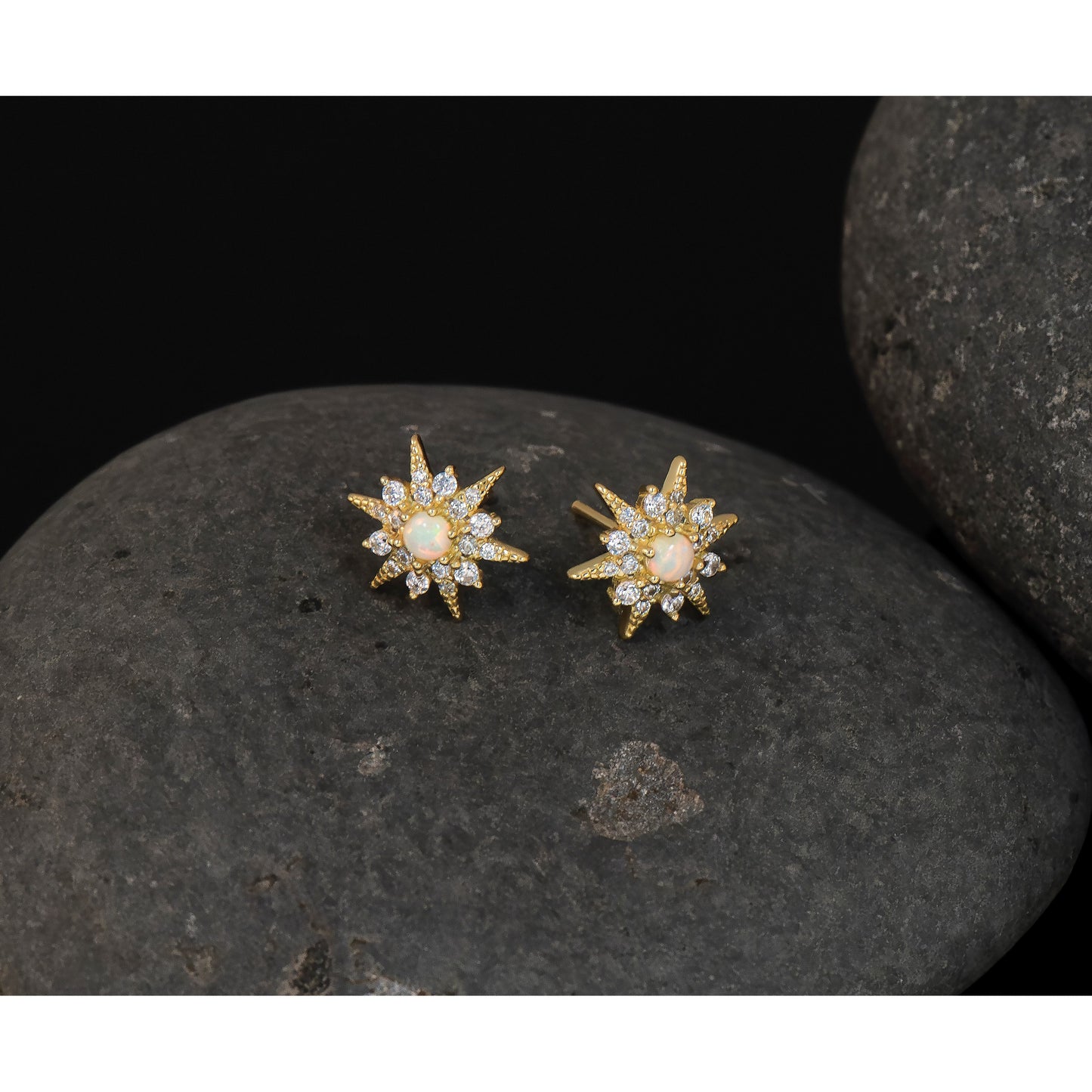 Sterling Silver Gold-plated Polished Lab Created Opal and CZ Starburst Post Earrings