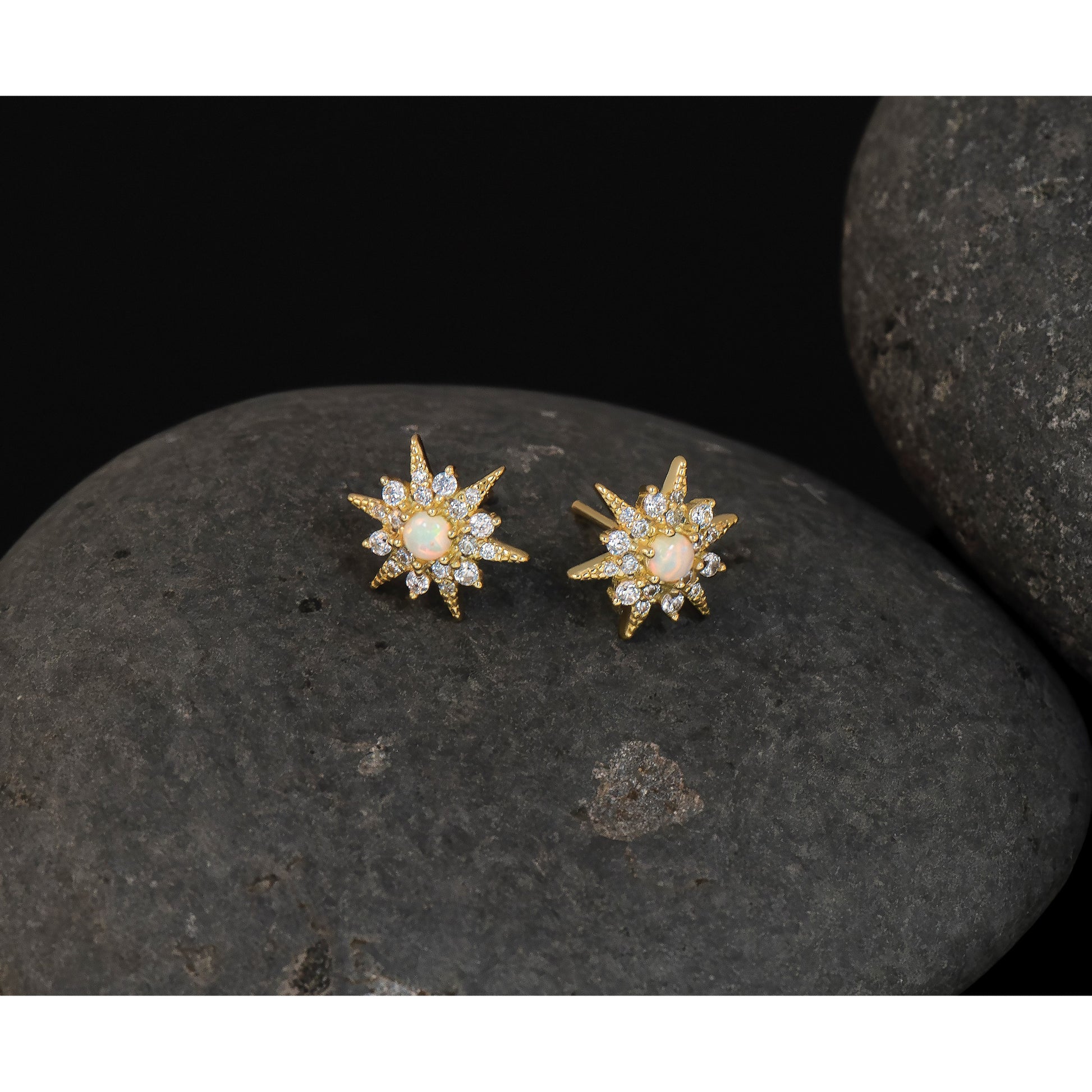 Sterling Silver Gold-plated Polished Lab Created Opal and CZ Starburst Post Earrings