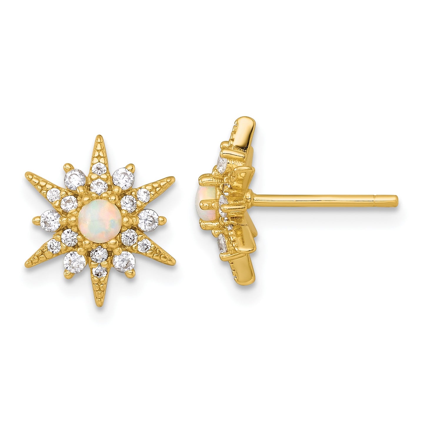 Sterling Silver Gold-plated Polished Lab Created Opal and CZ Starburst Post Earrings