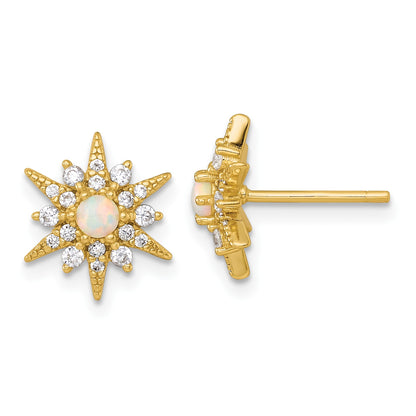 Sterling Silver Gold-plated Polished Lab Created Opal and CZ Starburst Post Earrings