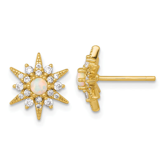 Sterling Silver Gold-plated Polished Lab Created Opal and CZ Starburst Post Earrings