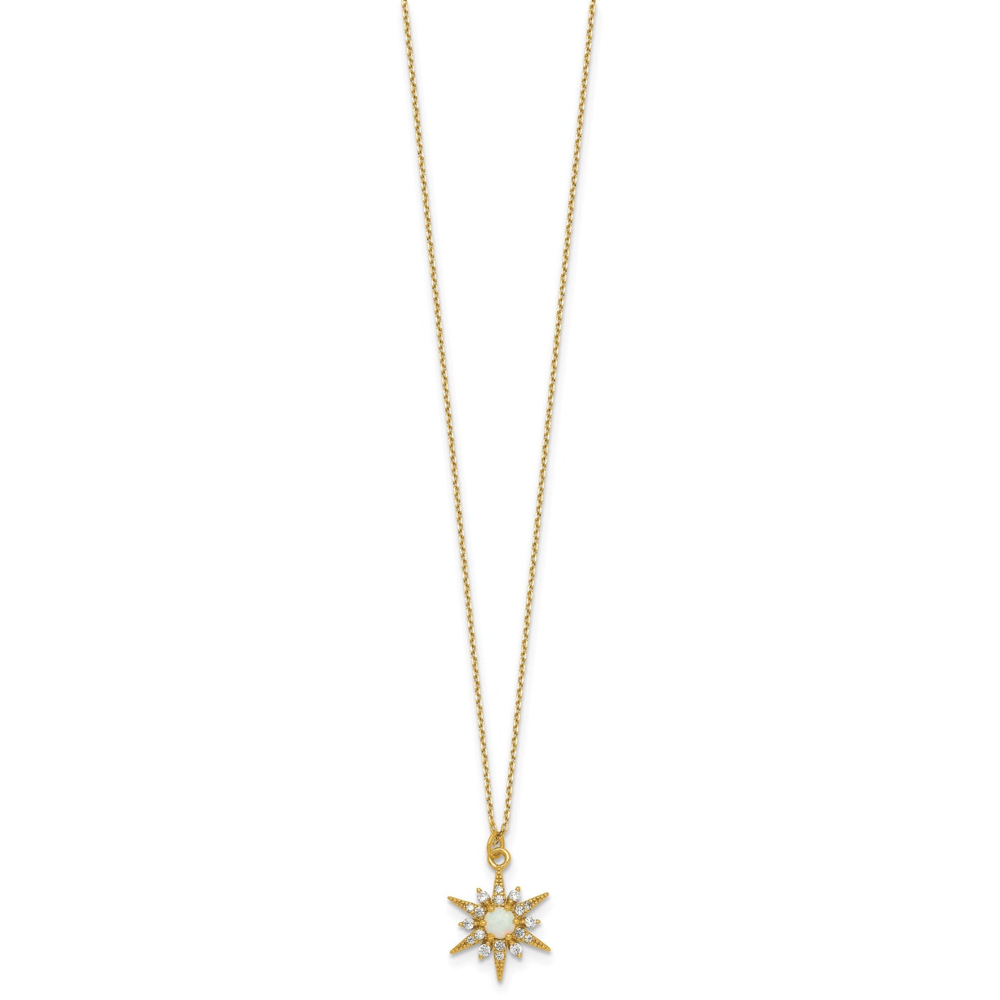 Sterling Silver Gold-plated Polished Lab Created Opal and CZ Starburst 16 Inch with 2 Inch Extension Necklace