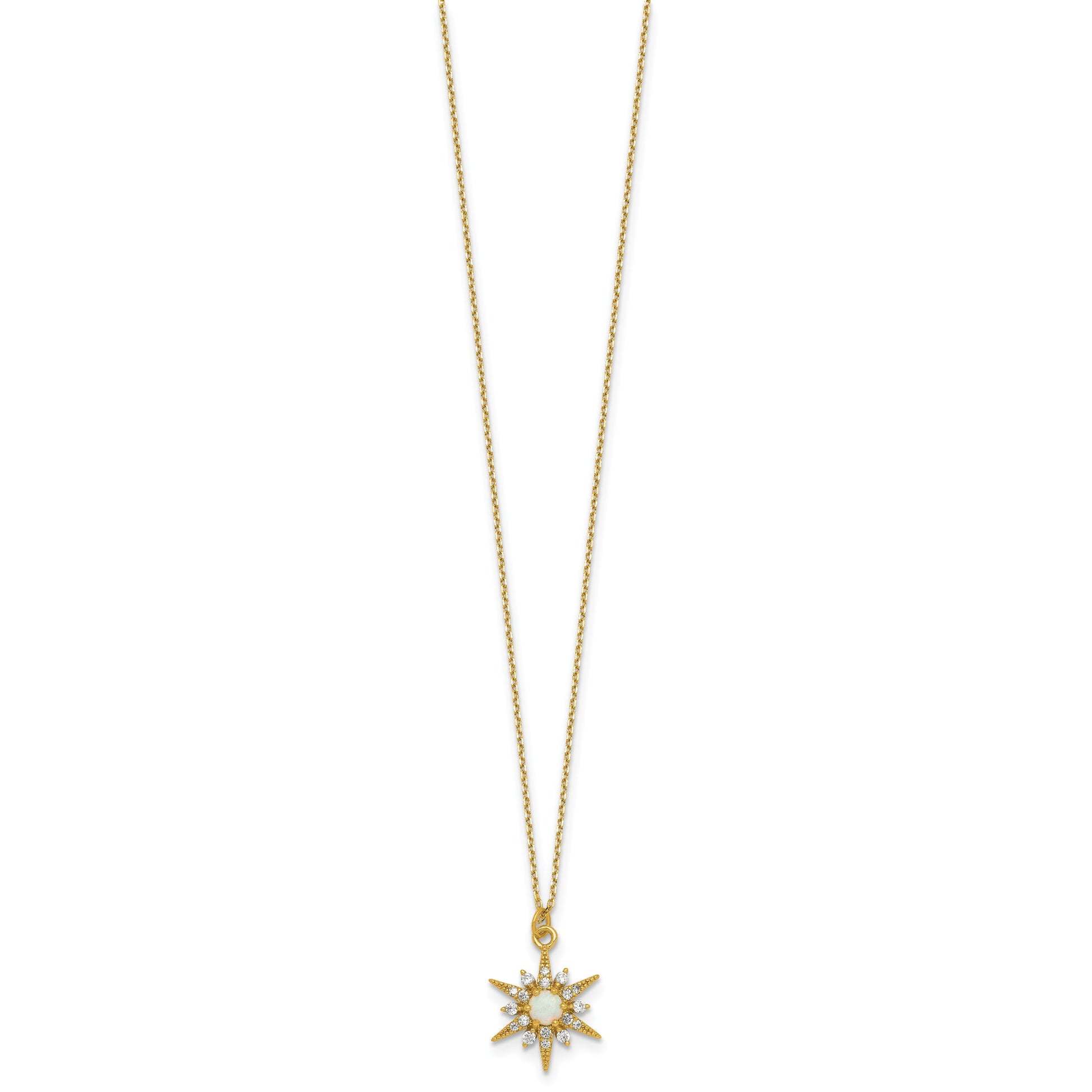 Sterling Silver Gold-plated Polished Lab Created Opal and CZ Starburst 16 Inch with 2 Inch Extension Necklace