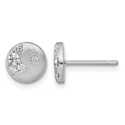 Sterling Silver Rhodium-plated Brushed CZ Circle Post Earrings
