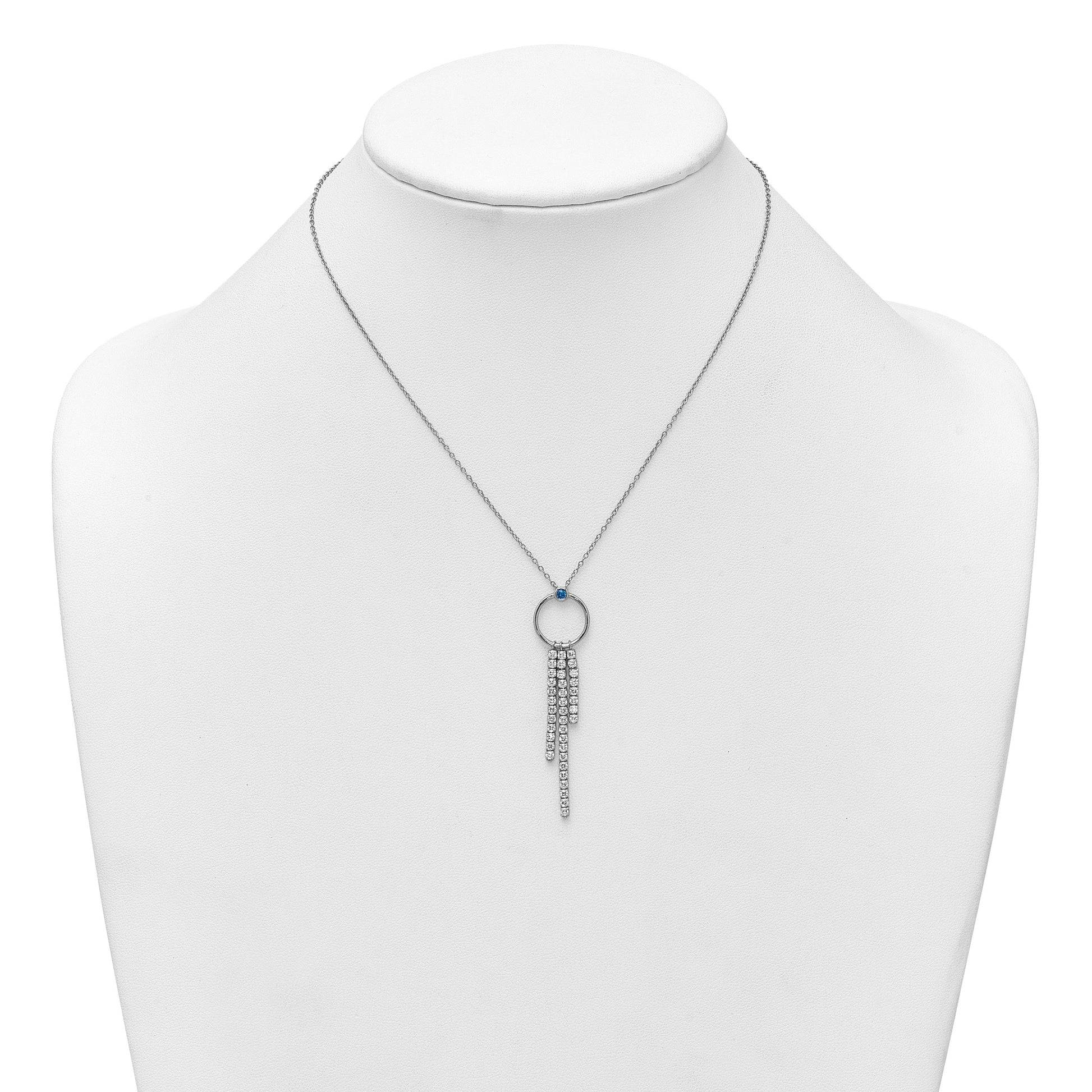 Sterling Silver Rhodium-plated Blue and White CZ 16 inch with 2 inch extender Circle with 3 Drops Necklace