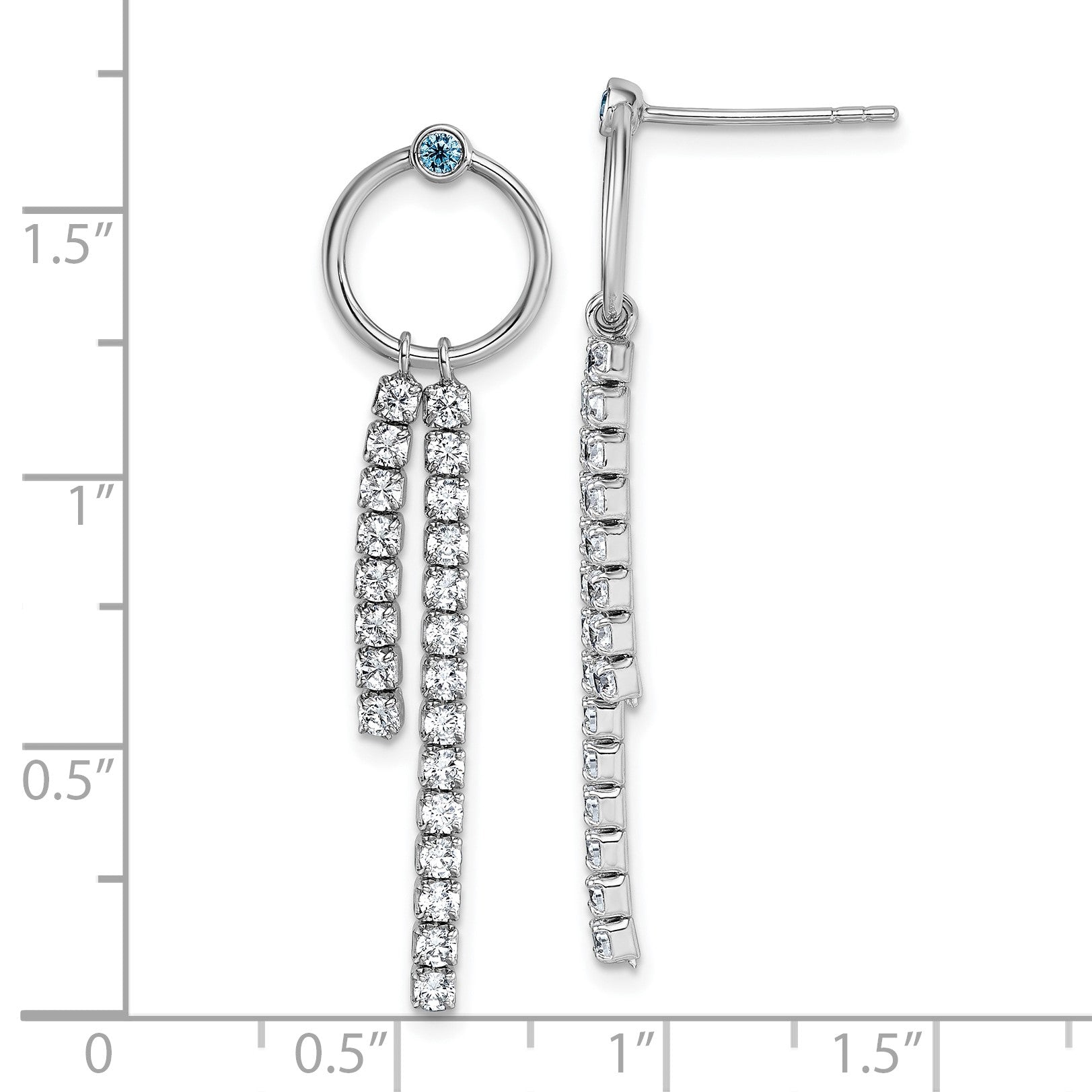 Sterling Silver Rhodium-plated Blue and White CZ Circle with 2 Drops Dangle Post Earrings