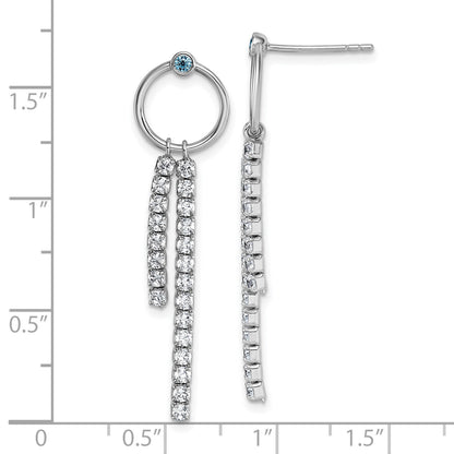 Sterling Silver Rhodium-plated Blue and White CZ Circle with 2 Drops Dangle Post Earrings