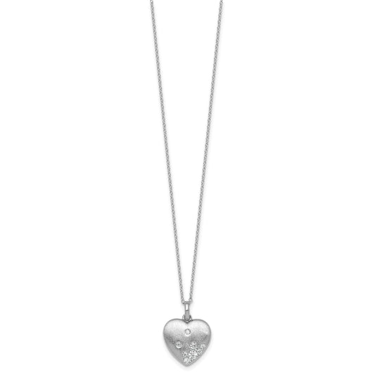 Sterling Silver Rhodium-plated Brushed CZ Heart 17.5 inch Necklace