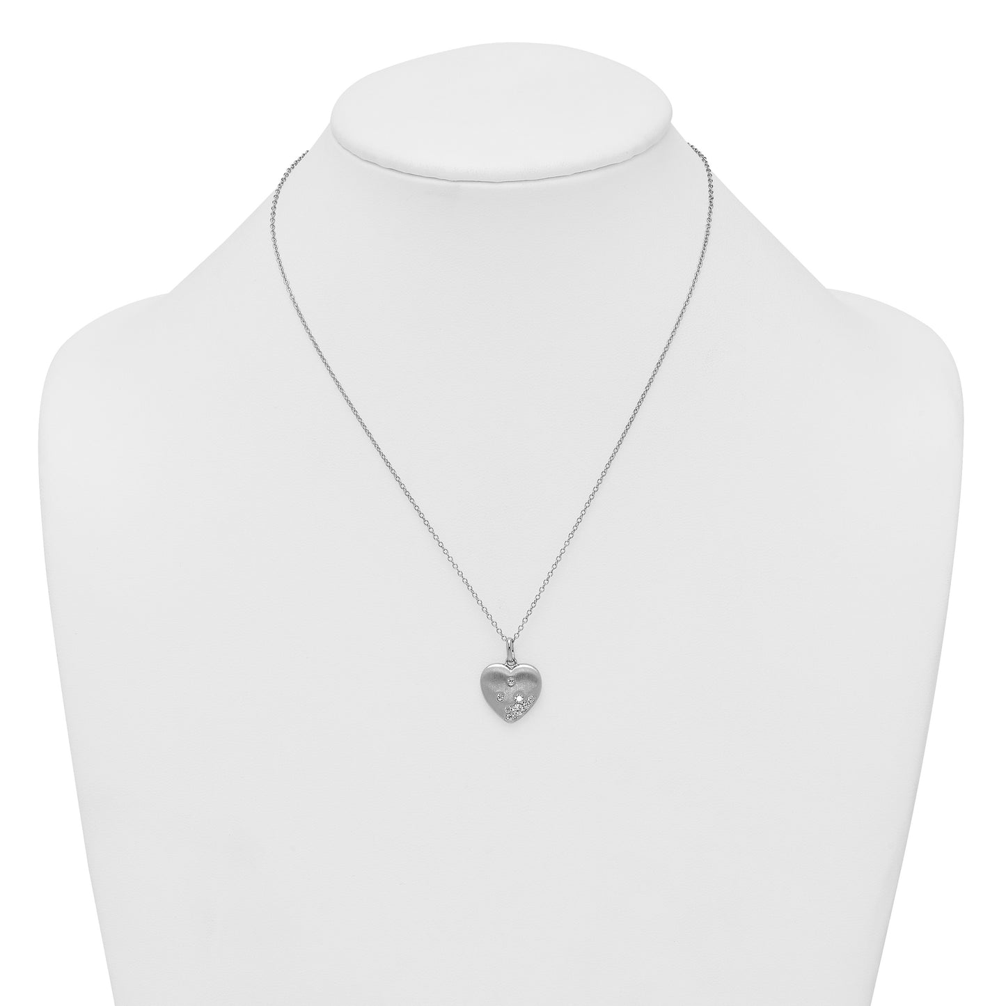 Sterling Silver Rhodium-plated Brushed CZ Heart 17.5 inch Necklace