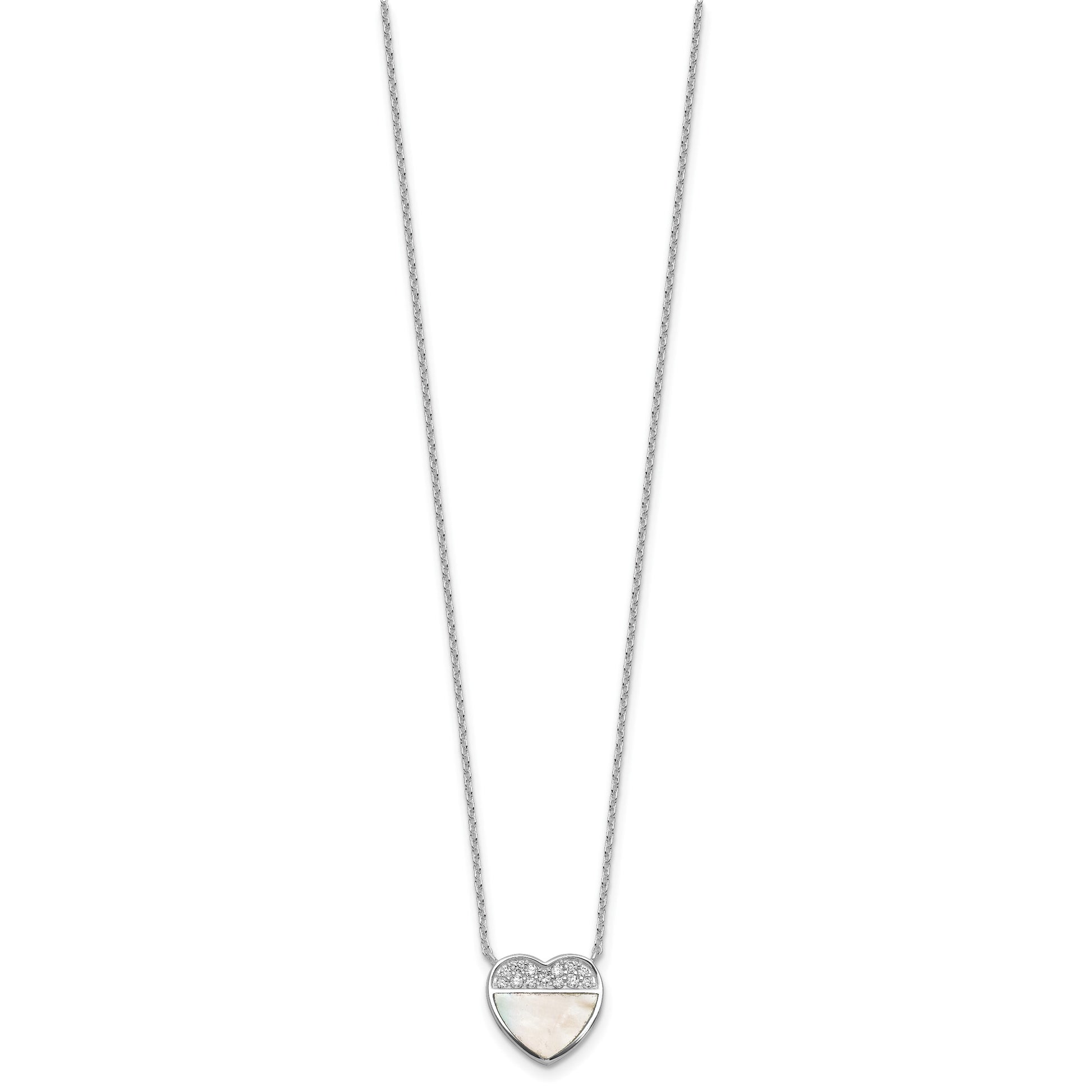 Sterling Silver Rhodium-plated Polished Mother of Pearl and CZ Heart 16 inch with 2 inch Extender Necklace