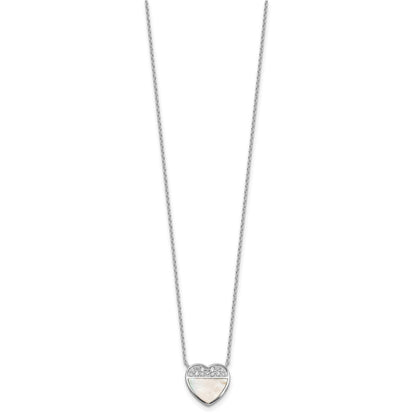 Sterling Silver Rhodium-plated Polished Mother of Pearl and CZ Heart 16 inch with 2 inch Extender Necklace