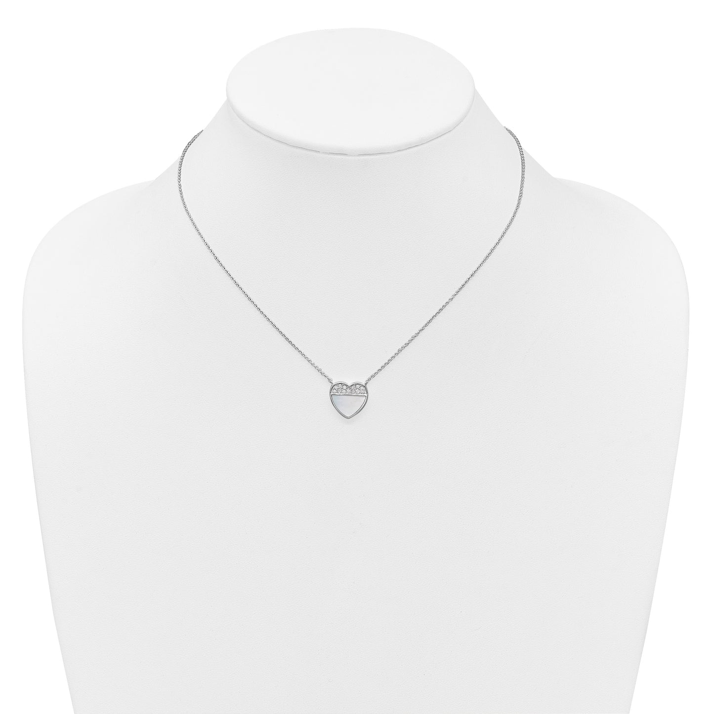 Sterling Silver Rhodium-plated Polished Mother of Pearl and CZ Heart 16 inch with 2 inch Extender Necklace