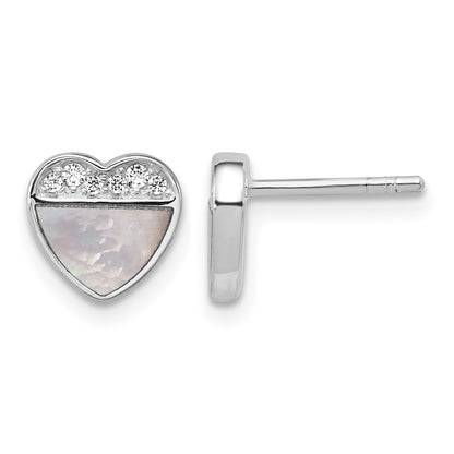 Sterling Silver Rhodium-plated Polished Mother of Pearl and CZ Heart Post Earrings