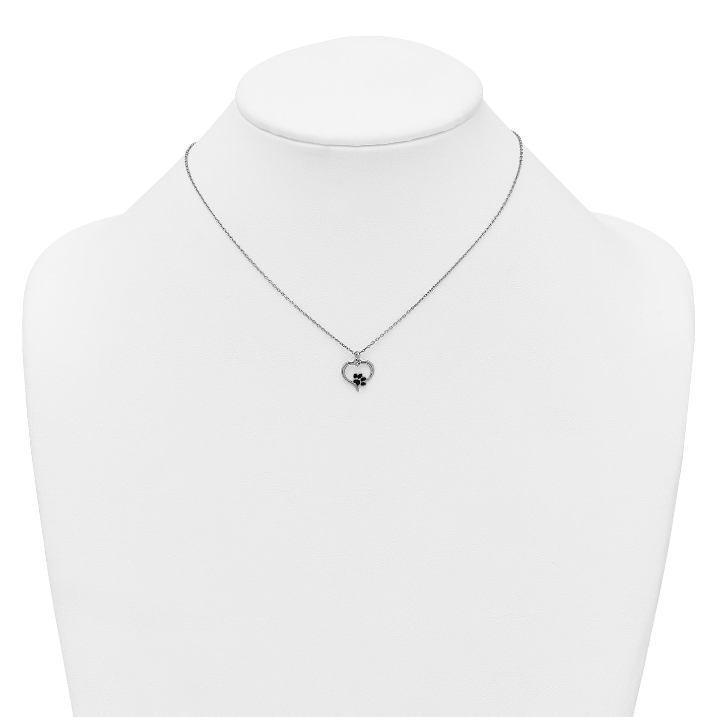Sterling Silver Rhodium-plated Heart with Black Enameled Paw Print 16 inch with 1.5 inch Extension Necklace