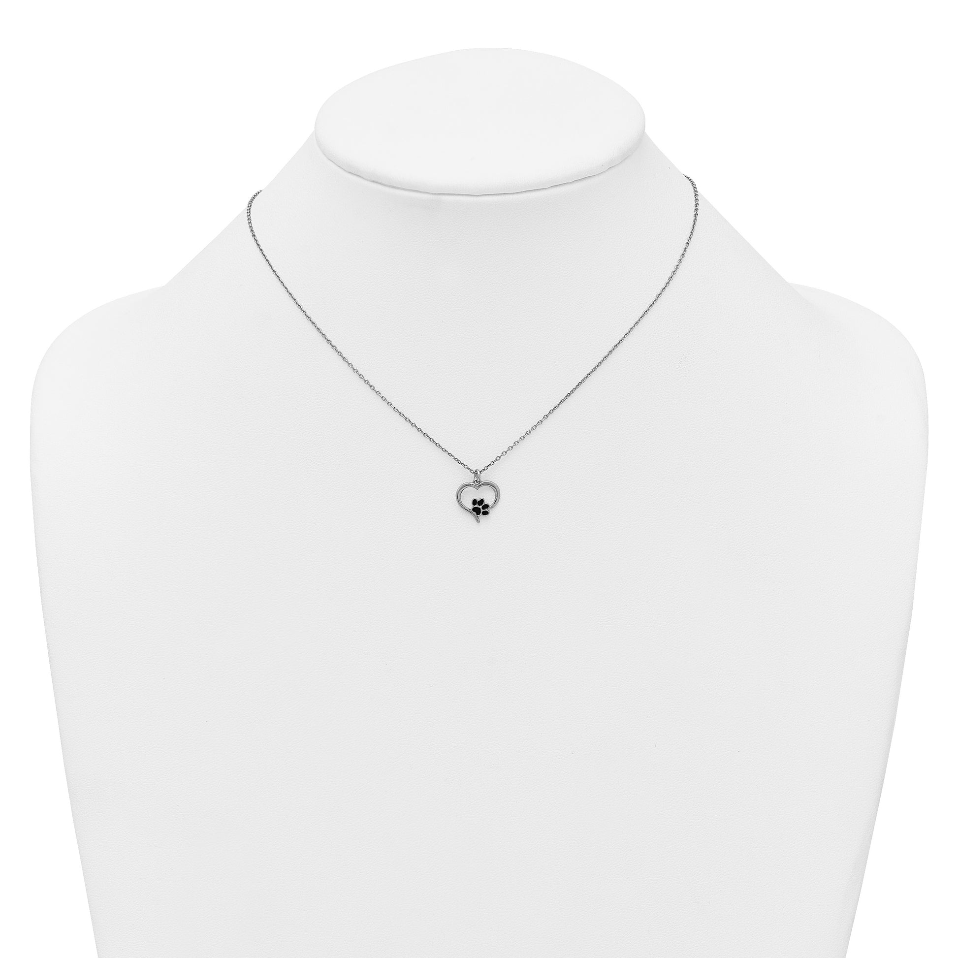 Sterling Silver Rhodium-plated Heart with Black Enameled Paw Print 16 inch with 1.5 inch Extension Necklace