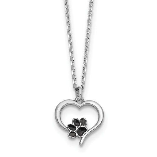 Sterling Silver Rhodium-plated Heart with Black Enameled Paw Print 16 inch with 1.5 inch Extension Necklace