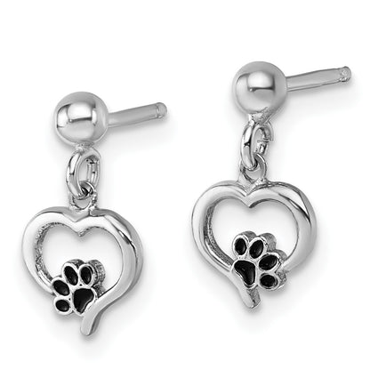 Sterling Silver Rhodium-plated Heart with Black Enameled Paw Print Post Dangle Earrings