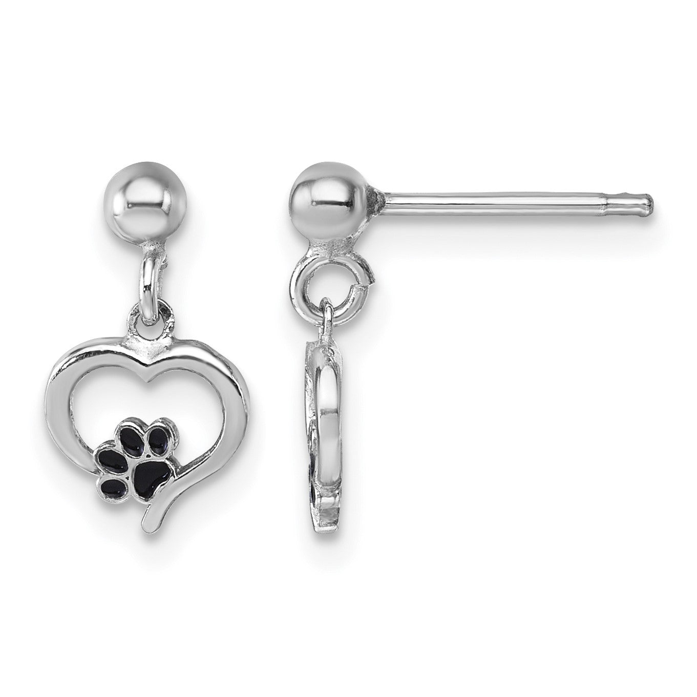 Sterling Silver Rhodium-plated Heart with Black Enameled Paw Print Post Dangle Earrings