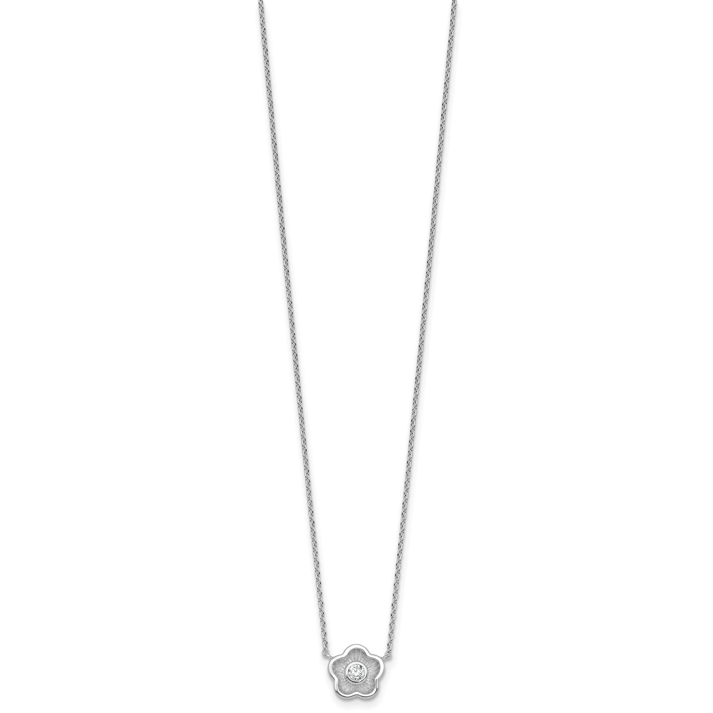 Sterling Silver Rhodium-plated Polished Textured CZ Flower 18 Inch Necklace
