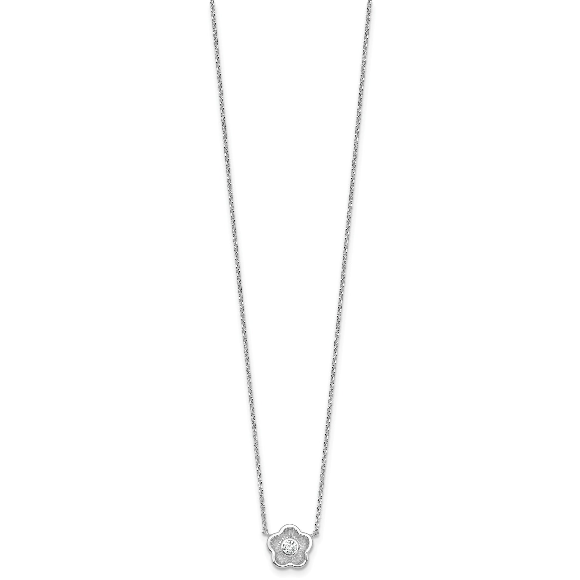 Sterling Silver Rhodium-plated Polished Textured CZ Flower 18 Inch Necklace