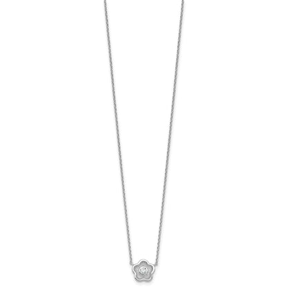 Sterling Silver Rhodium-plated Polished Textured CZ Flower 18 Inch Necklace