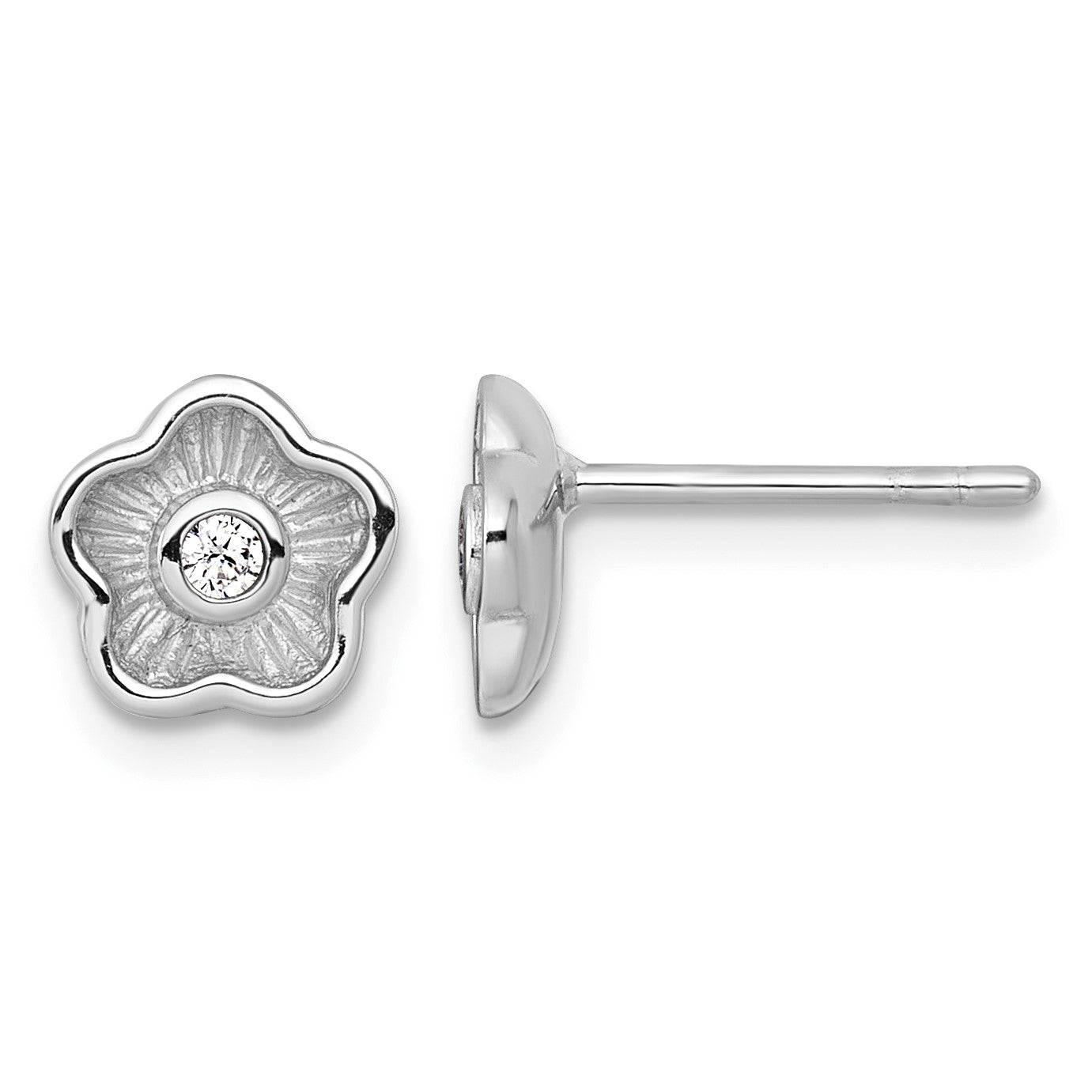 Sterling Silver Rhodium-plated Polished Textured CZ Flower Post Earrings