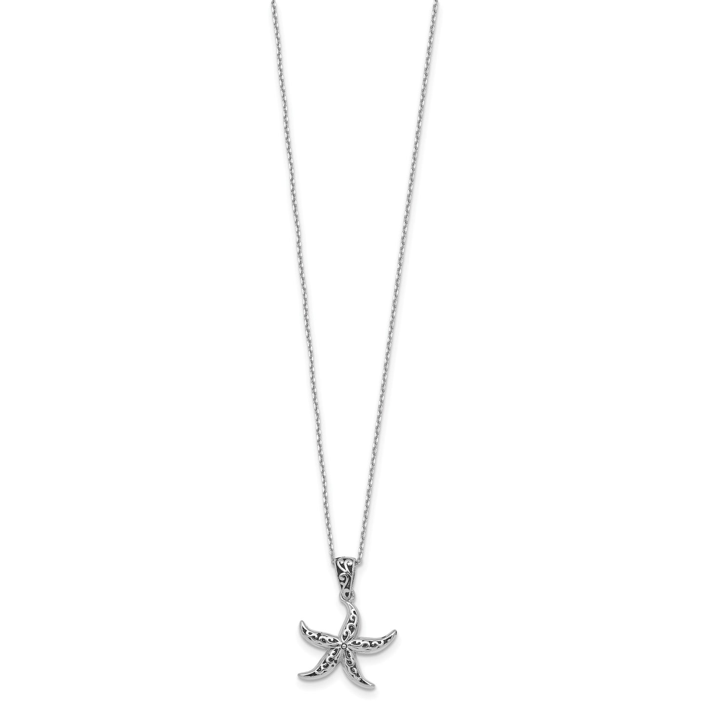 Sterling Silver Rhodium-plated Polished and Oxidized Filigree Starfish 18 Inch Necklace