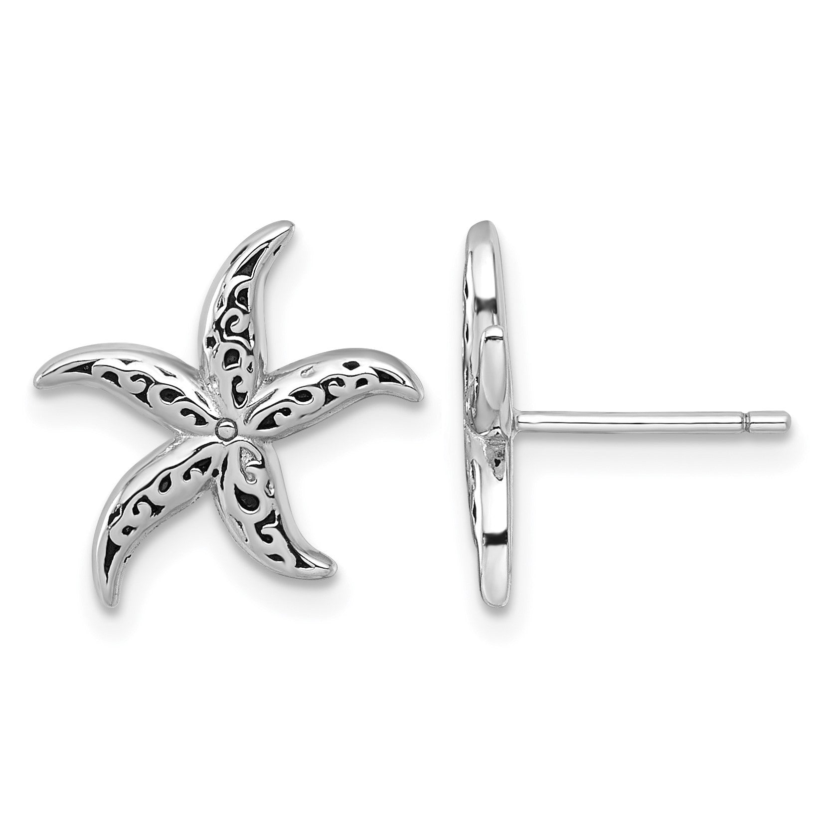 Sterling Silver Rhodium-plated Polished and Oxidized Filigree Starfish Post Earrings