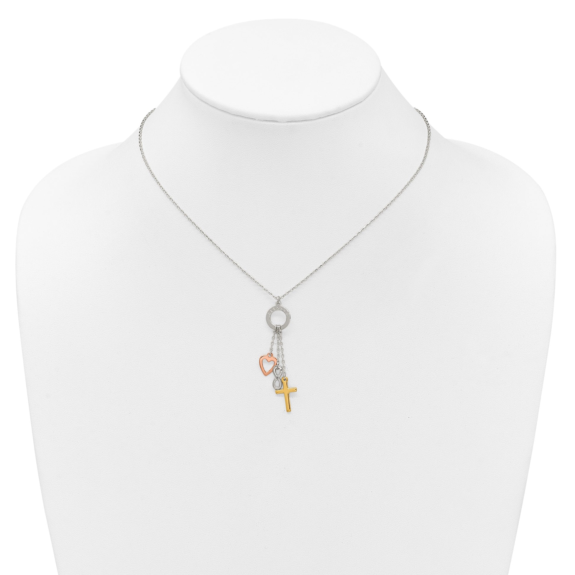 Sterling Silver Infinity and Gold-tone Cross and Rose-tone Heart BLESSED Circle 16 inch Necklace