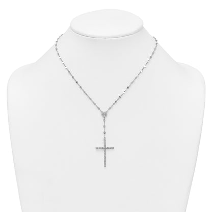 Sterling Silver Rhodium-plated Polished Fancy CZ Latin Cross 16 Inch with 2 Inch Extension Necklace