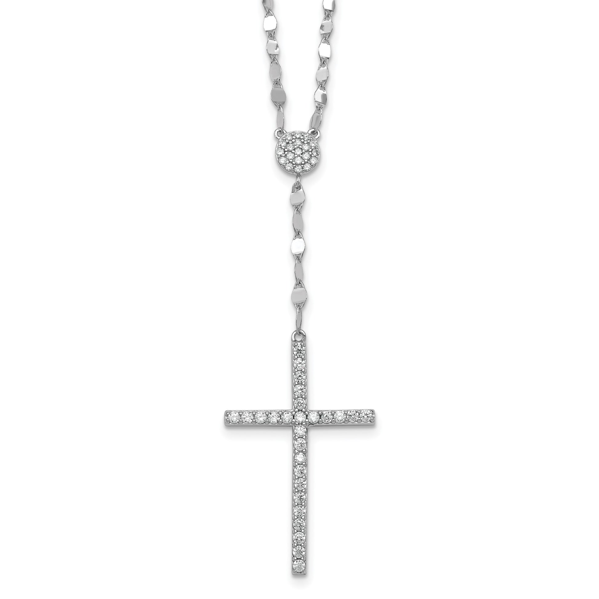 Sterling Silver Rhodium-plated Polished Fancy CZ Latin Cross 16 Inch with 2 Inch Extension Necklace