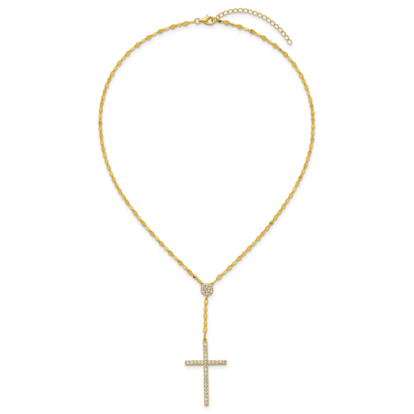 Sterling Silver Gold-tone Polished Fancy CZ Latin Cross 16 Inch with 2 Inch Extension Necklace