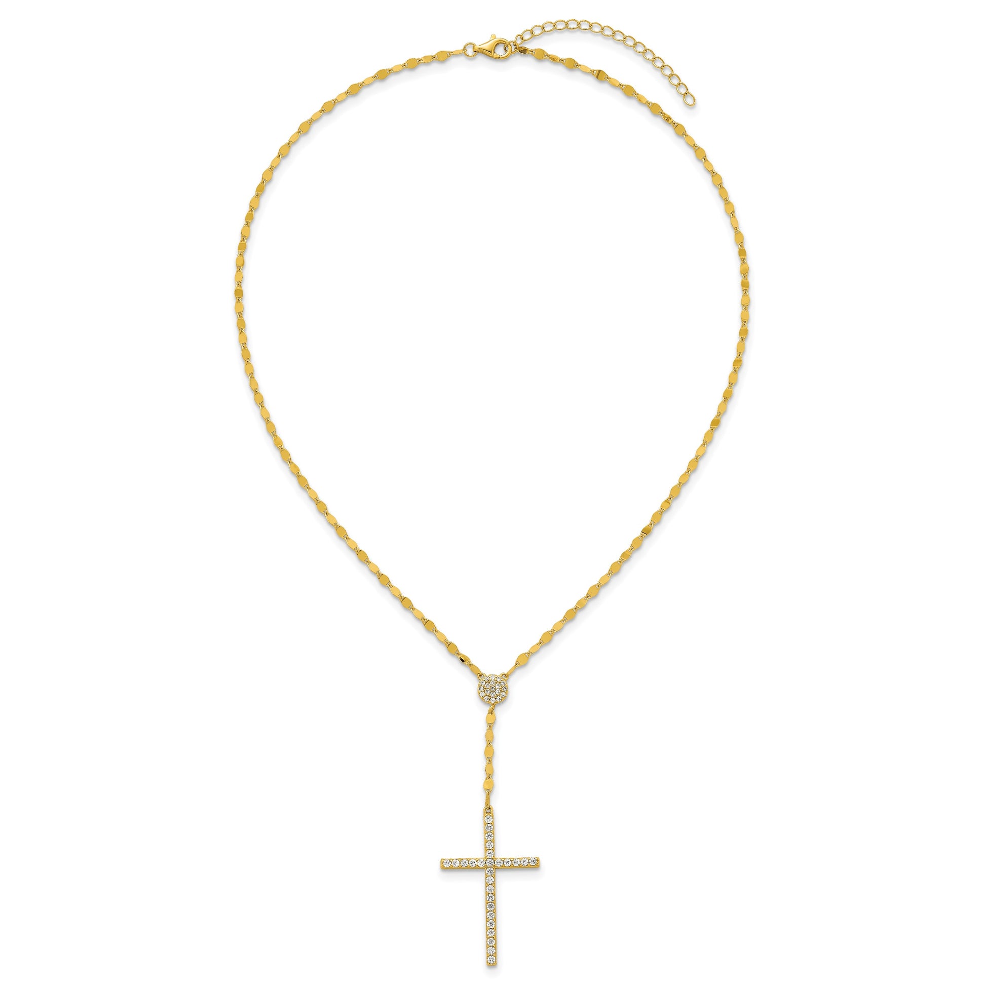 Sterling Silver Gold-tone Polished Fancy CZ Latin Cross 16 Inch with 2 Inch Extension Necklace
