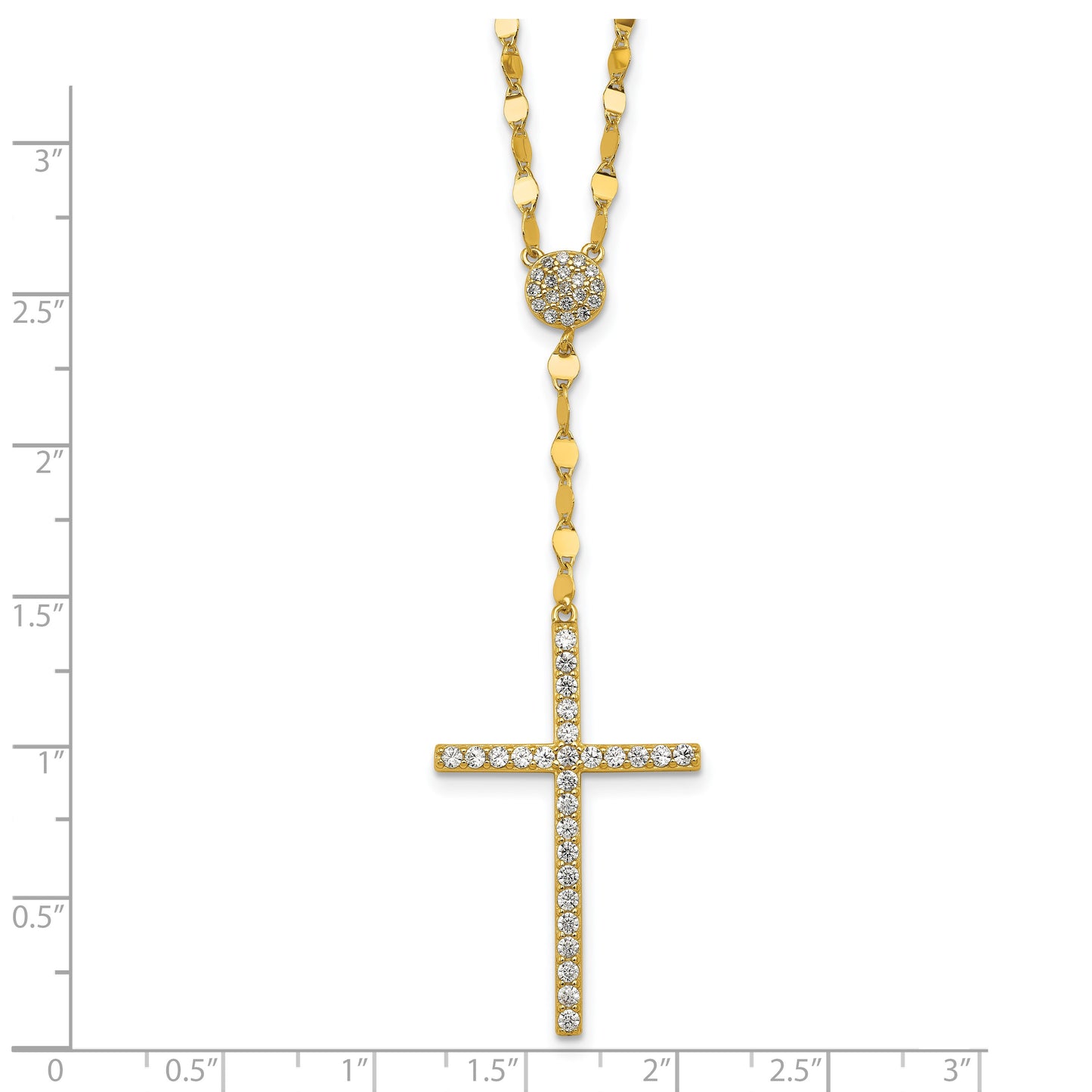 Sterling Silver Gold-tone Polished Fancy CZ Latin Cross 16 Inch with 2 Inch Extension Necklace